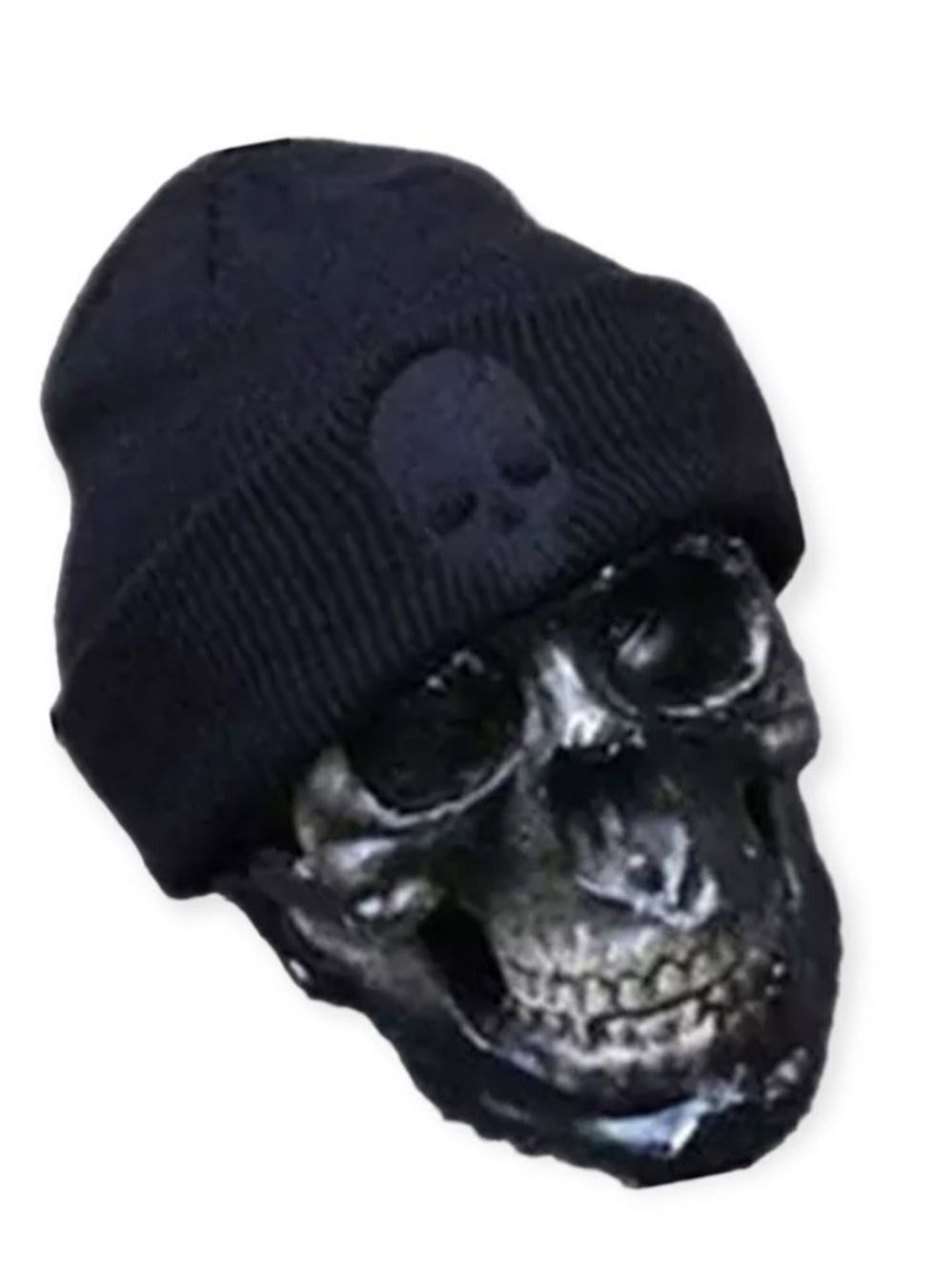 Black Beanie Rib Knit Embroidered Skull Skullcap OS